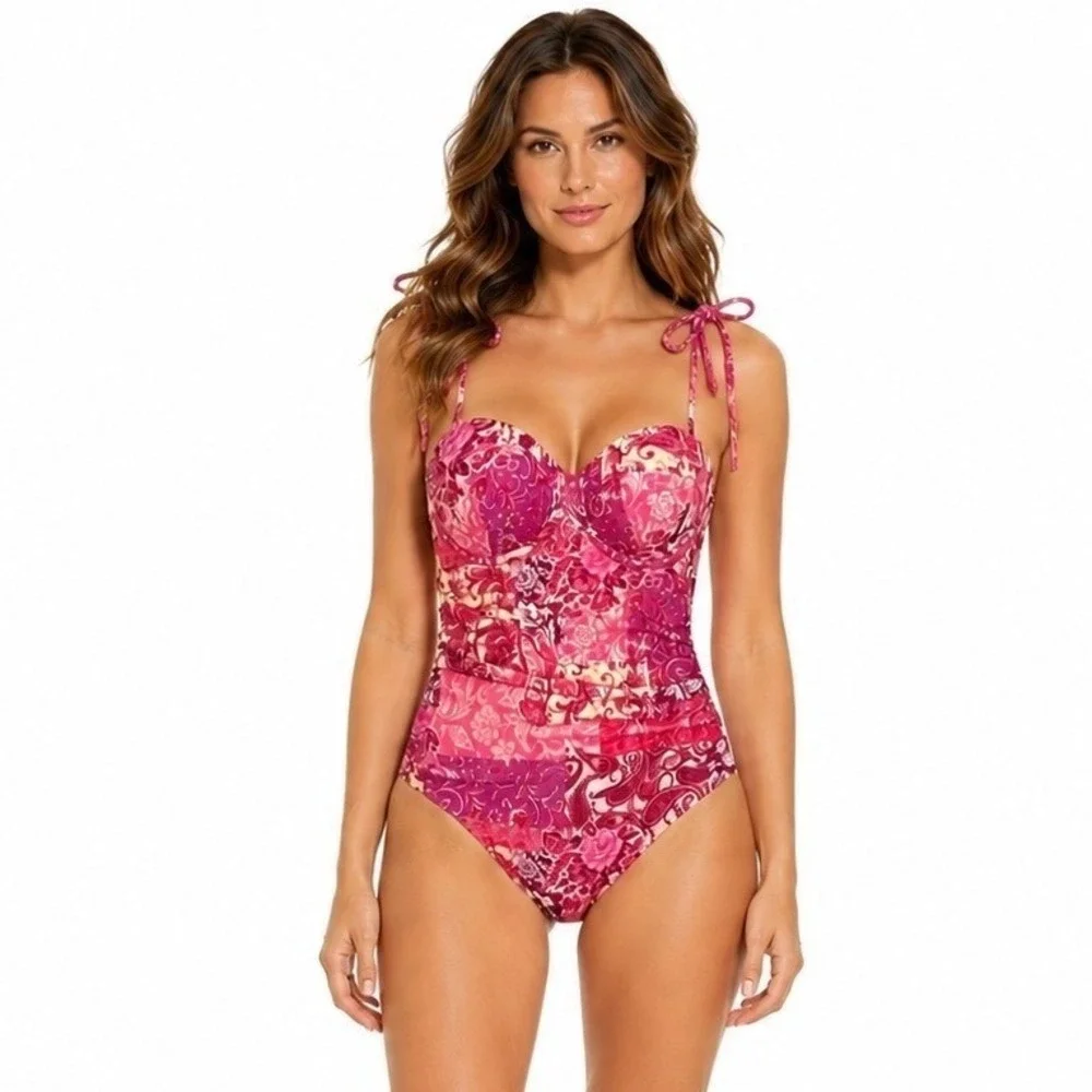 NWT Cupshe x JJD Kittenish One-Piece Swimsuit Women's Pink Floral Size M - Picture 1 of 7